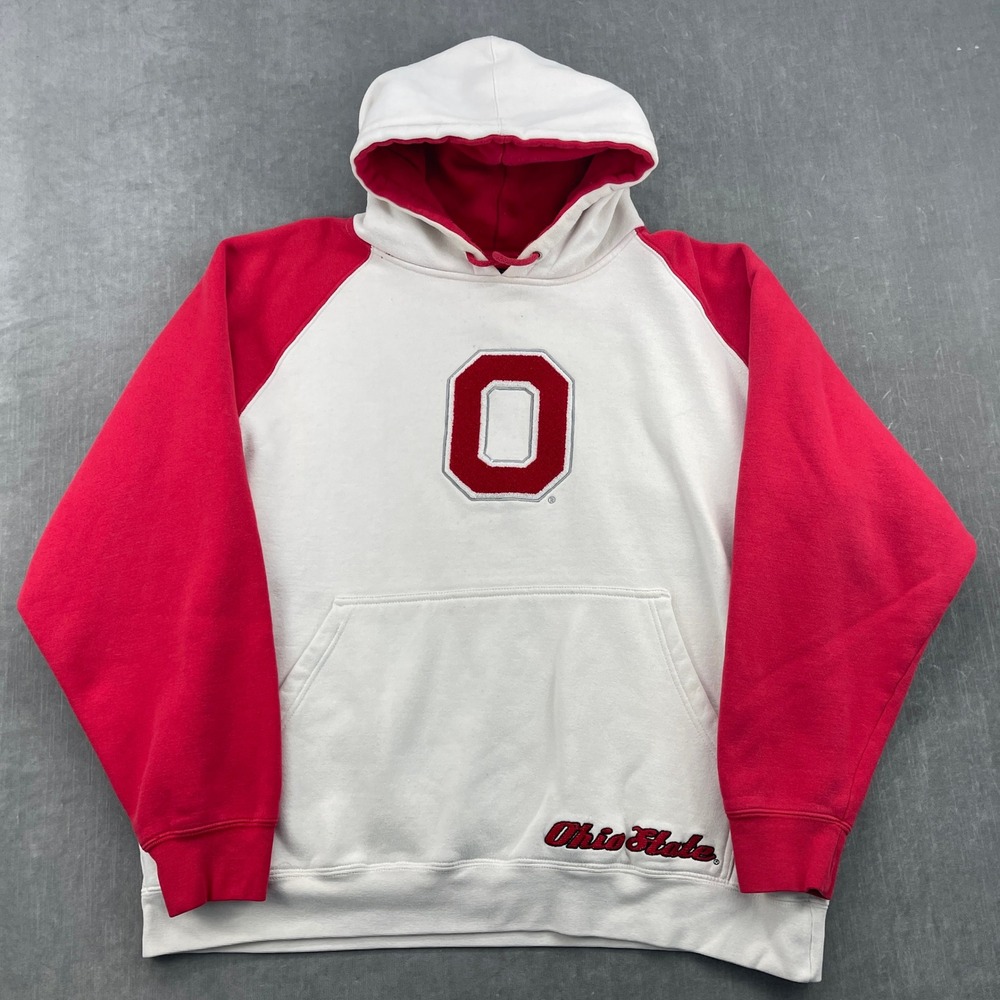 Ohio State Buckeyes Team Edition Mens XL White Red Raglan Hoodie Chenille Patch‎